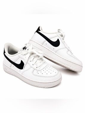 Nike Air Force 1 Low White Sneakers with Black Swoosh Size 2Y